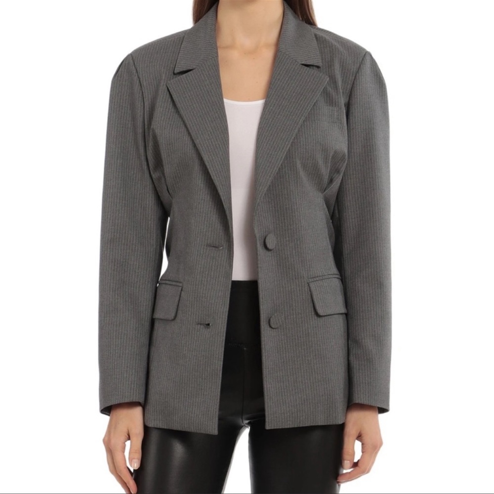 Avec Les Filles Belted Grey Pinstripe Blazer Jacket - Picture 2 of 14